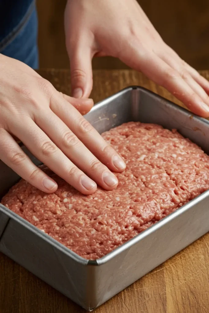 Shaping the meat mixture into a smooth loaf inside the silver loaf pan before baking.