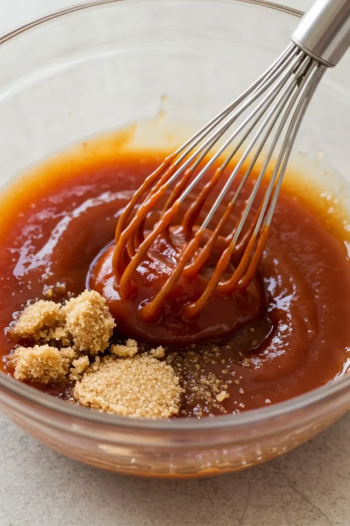 Whisking ketchup, brown sugar, and vinegar together in a small bowl to create the meatloaf's sweet and tangy glaze.