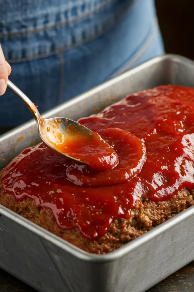 Spreading the signature sweet and tangy glaze over the partially baked copycat Cracker Barrel meatloaf.