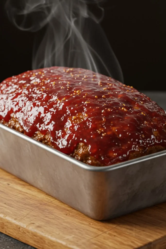The finished Cracker Barrel meatloaf, with a bubbling caramelized glaze, resting on a cutting board after baking.