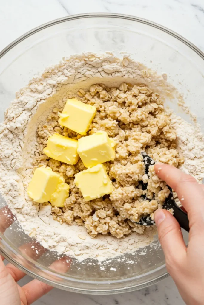 Hands rubbing cold butter into the flour and oat mixture to create the crumbly topping for the apple crunch recipe.