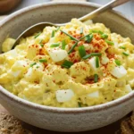 A rustic bowl filled with creamy, finished egg salad recipe, garnished with fresh chives and ready to be served. Egg salad recipe