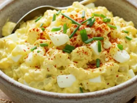 A rustic bowl filled with creamy, finished egg salad recipe, garnished with fresh chives and ready to be served. Egg salad recipe