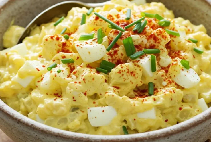 A rustic bowl filled with creamy, finished egg salad recipe, garnished with fresh chives and ready to be served. Egg salad recipe