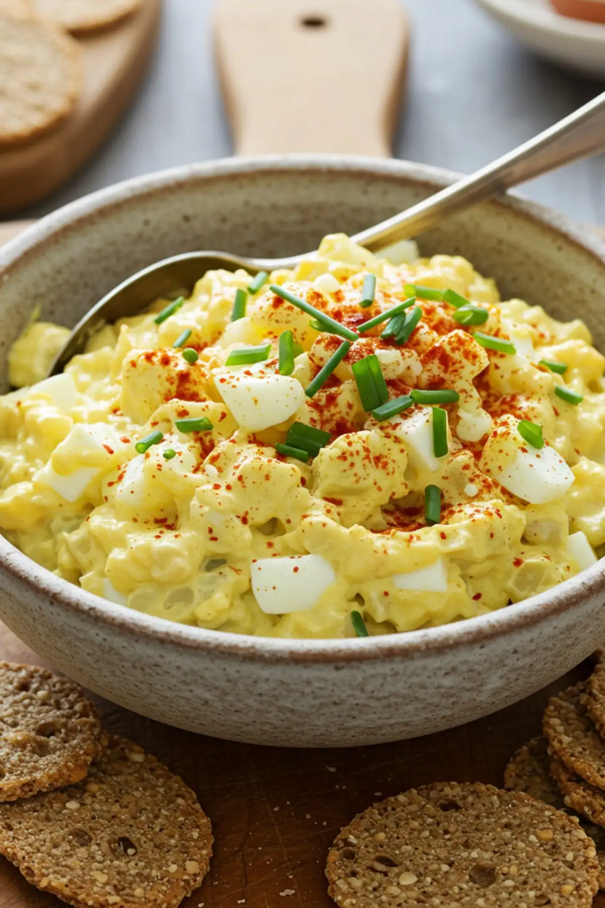 A rustic bowl filled with creamy, finished egg salad recipe, garnished with fresh chives and ready to be served. Egg salad recipe