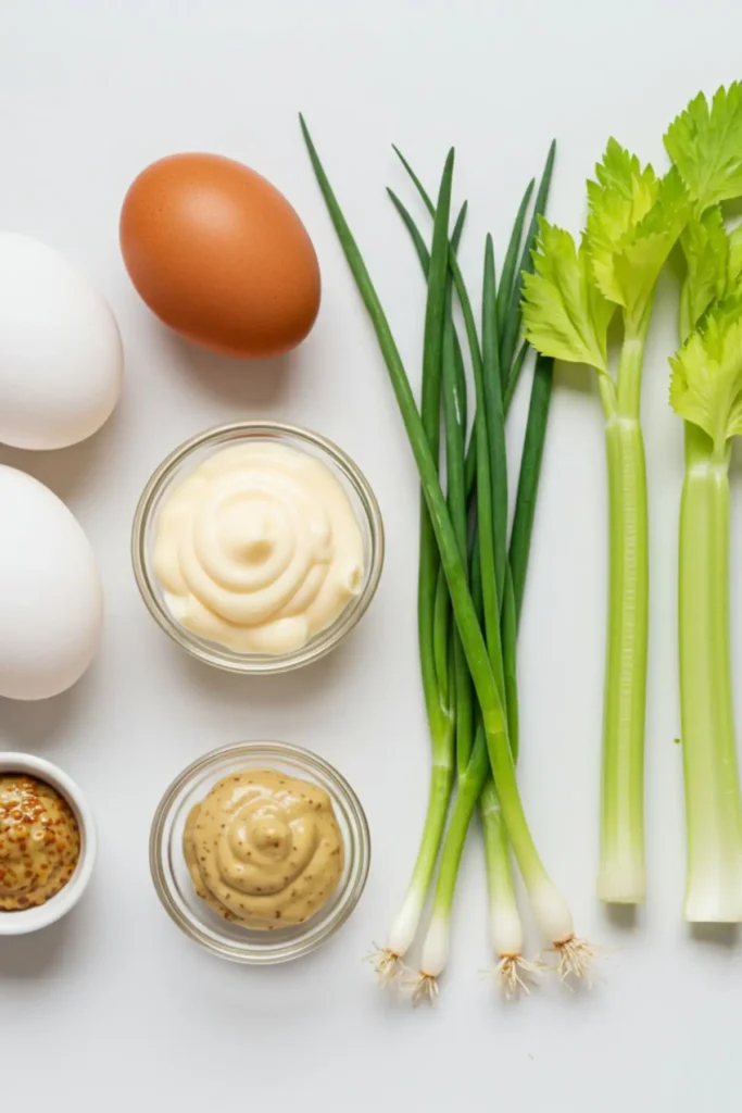 The 5 simple ingredients for this classic egg salad recipe: eggs, mayonnaise, celery, chives, and mustard.