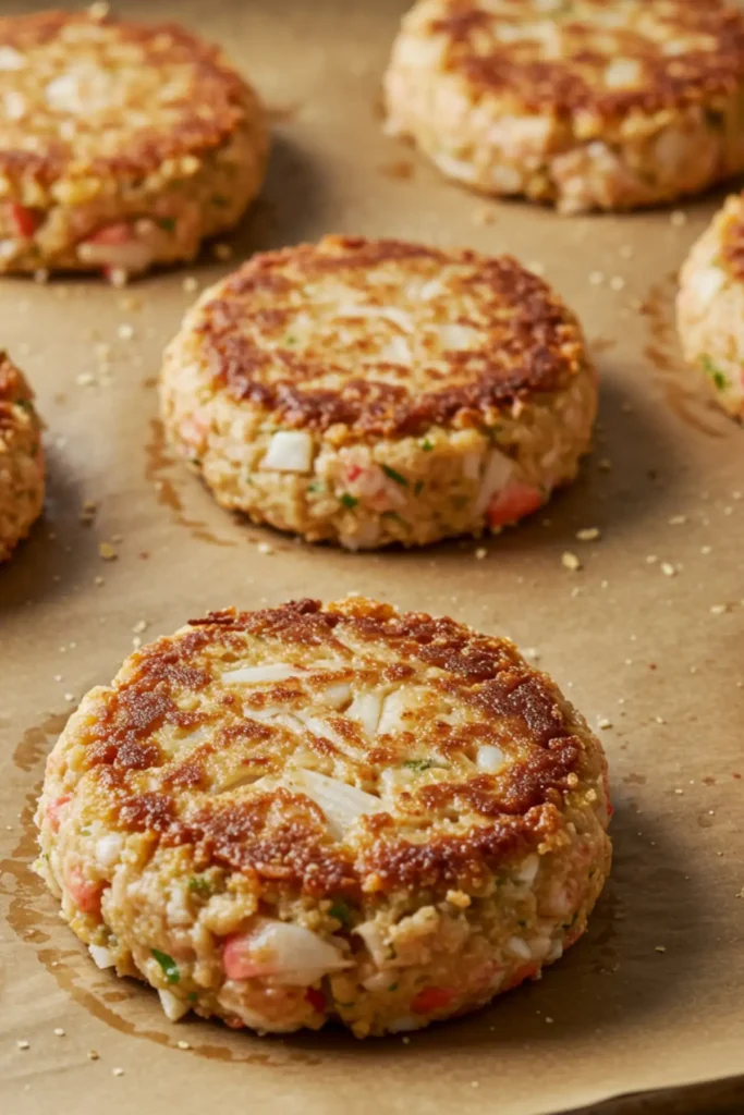 Uniformly shaped, uncooked crab cake patties arranged on a baking sheet, being chilled to help them hold their shape before cooking.