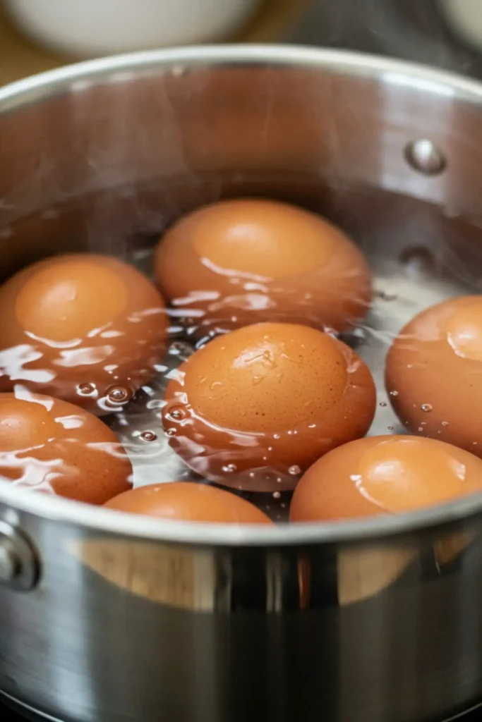 Large eggs being hard-boiled in a saucepan of water for the egg salad recipe.
