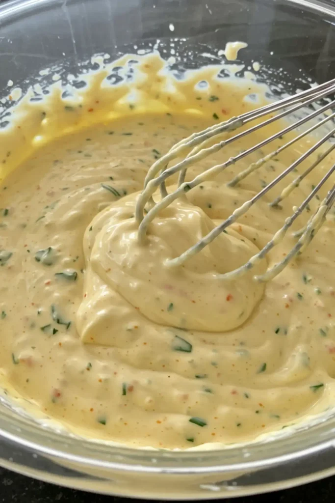 A whisk smoothly combining the wet ingredients and seasonings in a glass bowl to create the binder for the crab cake recipe.