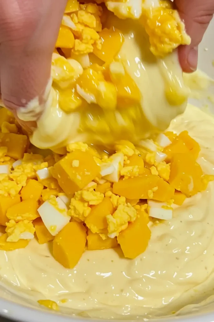Gently combining the chopped eggs and creamy dressing to finish the perfect egg salad.