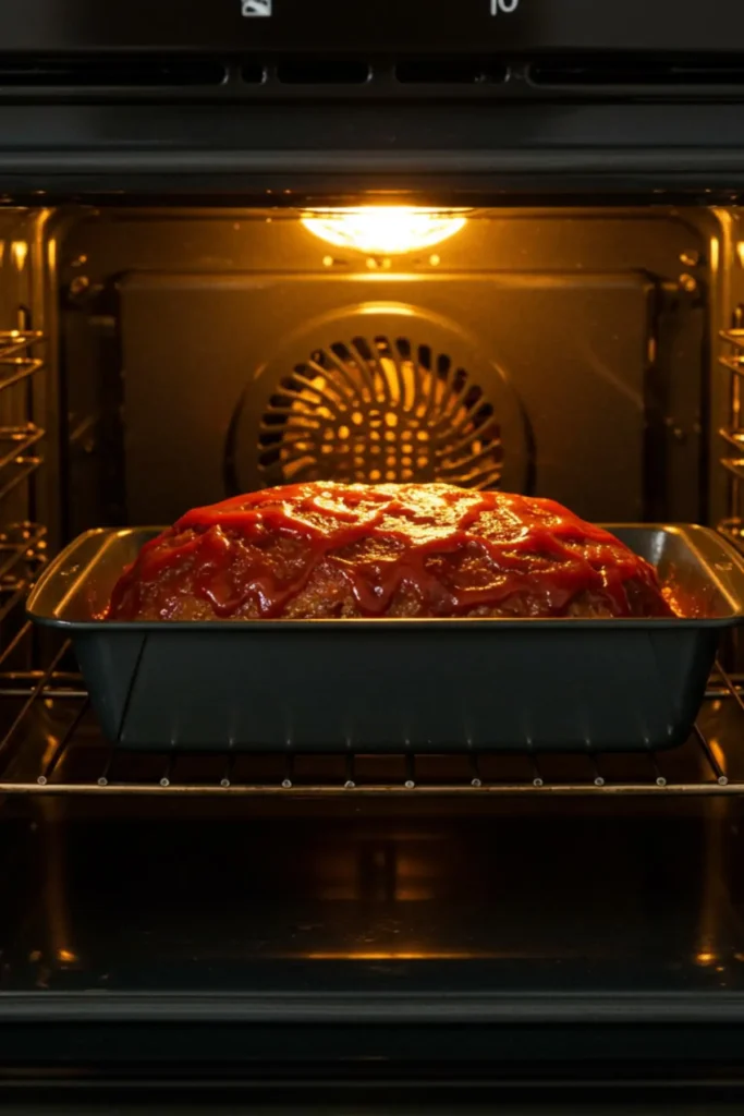 An image looking through the oven door at the Lipton Onion Soup Mix Meatloaf recipe baking in a dark gray pan, with the top glaze bubbling and browning.
