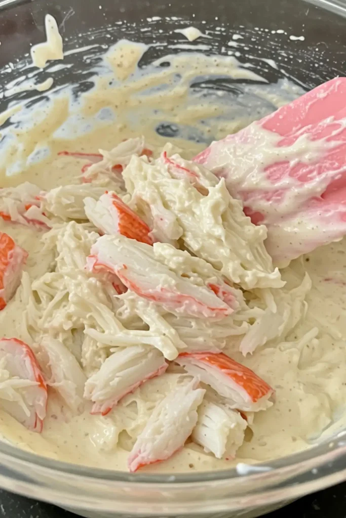 A rubber spatula carefully folding large pieces of lump crab meat into the seasoned mayonnaise binder for a no-filler crab cake recipe.