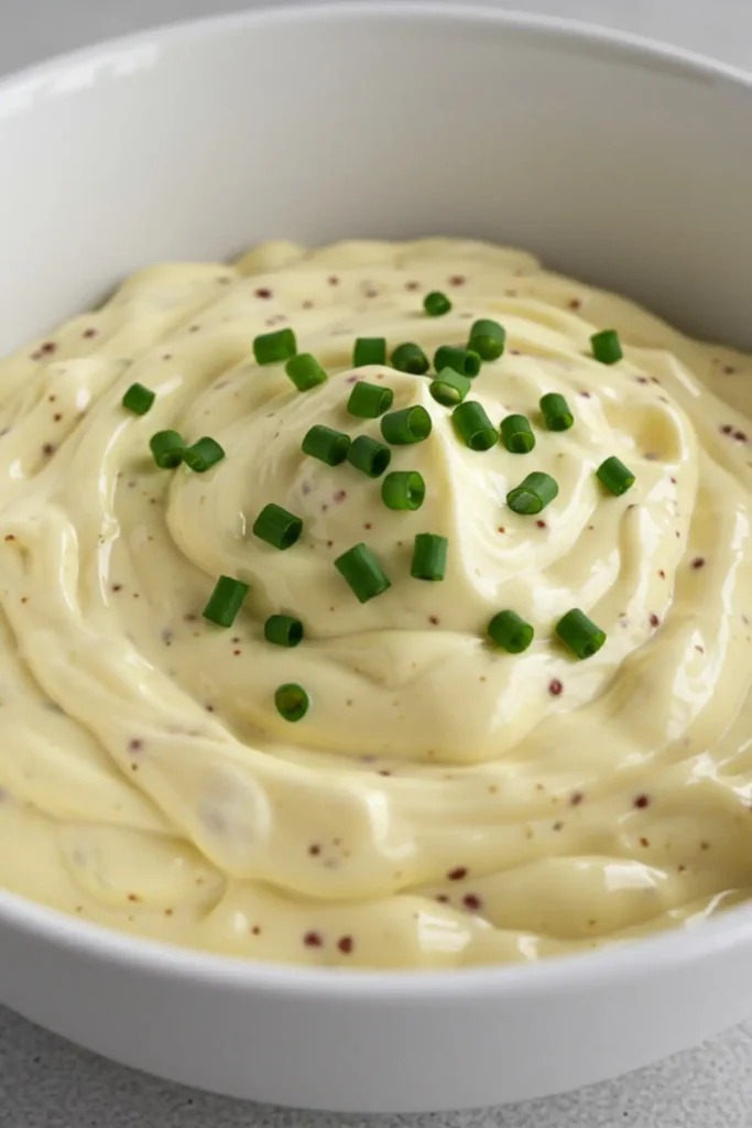 Mixing the creamy dressing for the egg salad recipe in a white bowl.