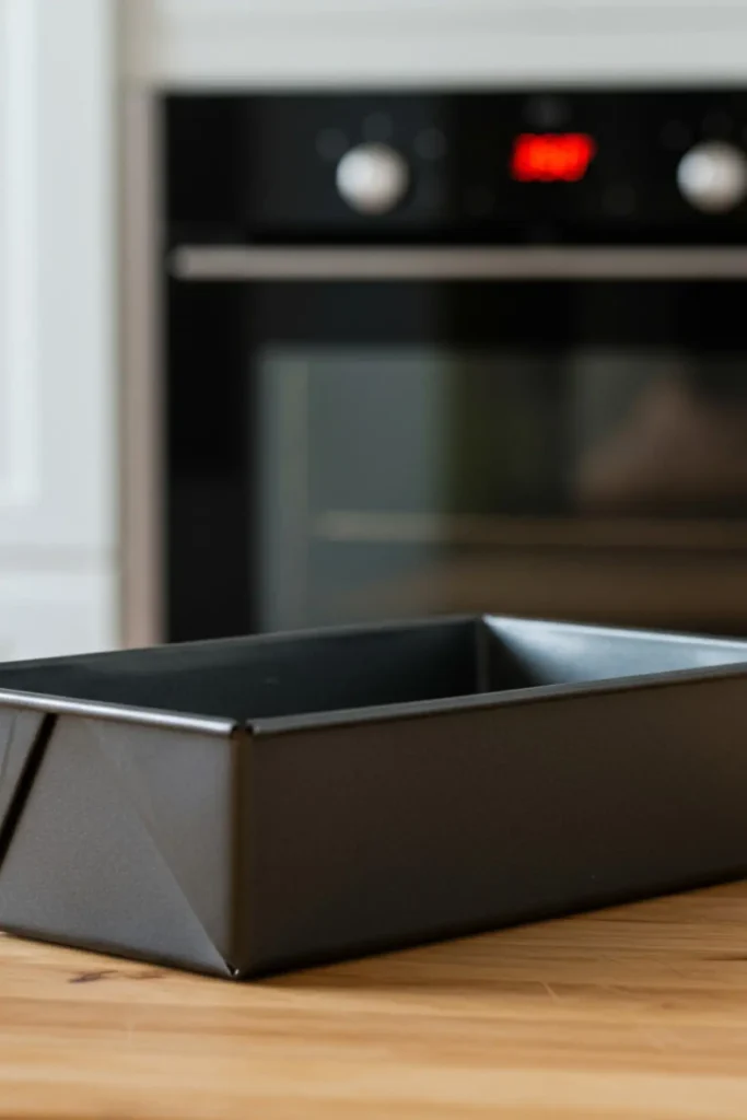 A clean kitchen scene showing a dark gray loaf pan on a wooden counter, with an oven in the background preheating for the Lipton Onion Soup Mix Meatloaf recipe.
