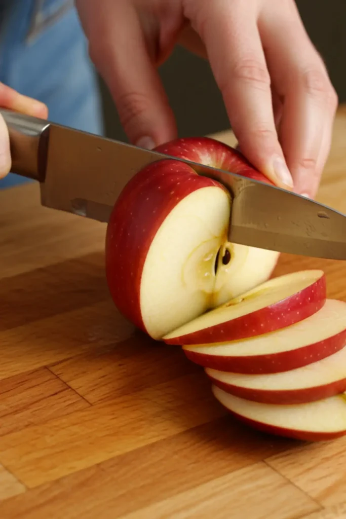 Close-up of hands slicing a fresh apple on a cutting board for the apple crunch recipe filling.