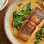 A large white bowl filled with creamy, light-orange coconut curry salmon, topped with fresh basil, cilantro, and a lime wedge, served next to a bowl of jasmine rice.
