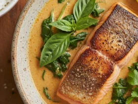 A large white bowl filled with creamy, light-orange coconut curry salmon, topped with fresh basil, cilantro, and a lime wedge, served next to a bowl of jasmine rice.