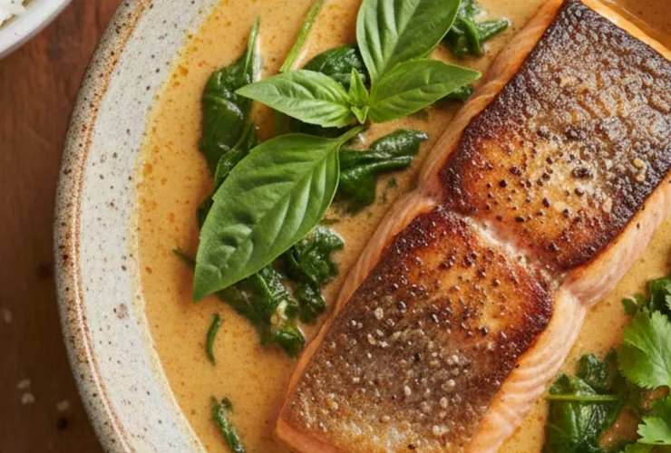 A large white bowl filled with creamy, light-orange coconut curry salmon, topped with fresh basil, cilantro, and a lime wedge, served next to a bowl of jasmine rice.