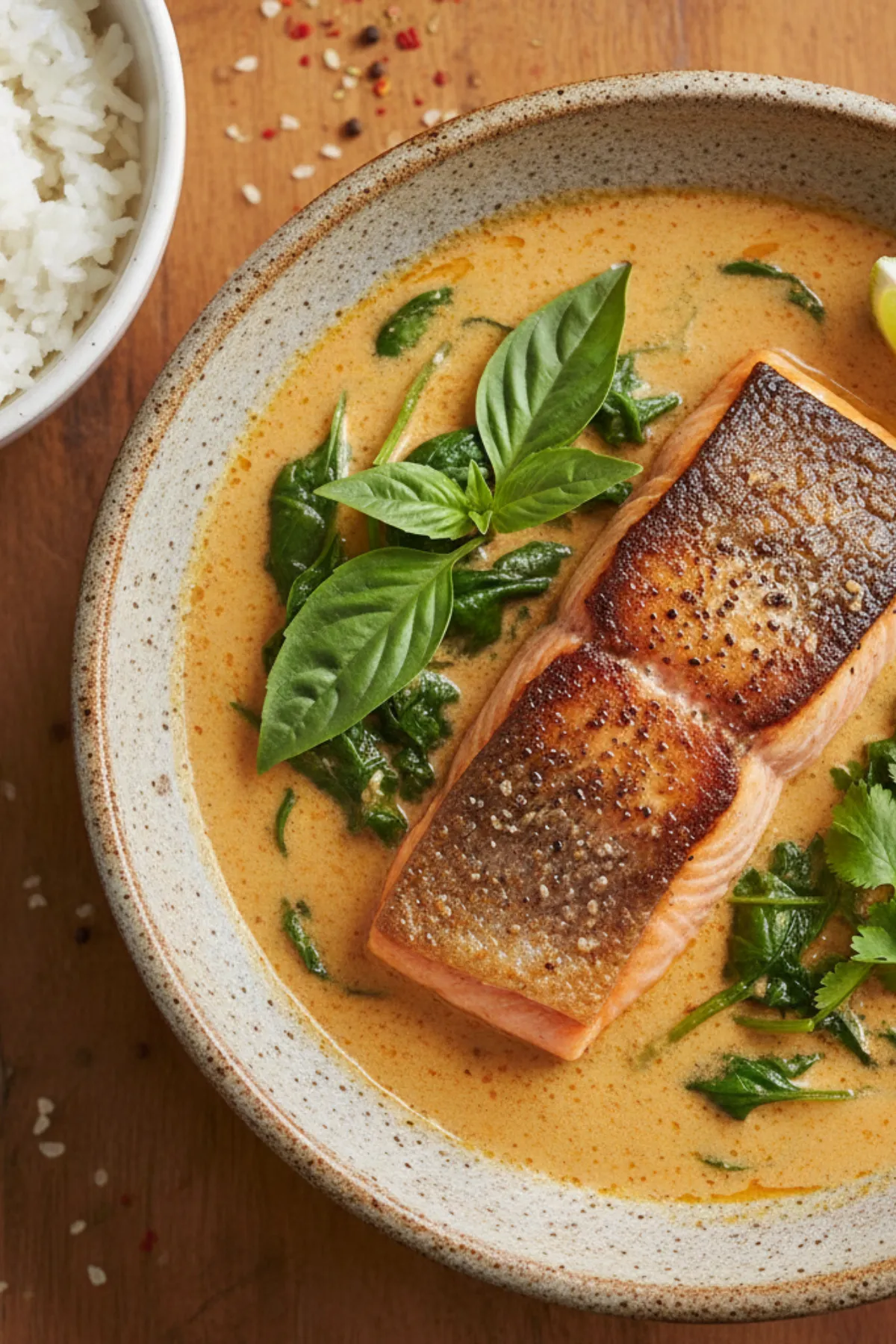 A large white bowl filled with creamy, light-orange coconut curry salmon, topped with fresh basil, cilantro, and a lime wedge, served next to a bowl of jasmine rice.