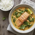 A large white bowl filled with creamy, light-orange coconut curry salmon, topped with fresh basil, cilantro, and a lime wedge, served next to a bowl of jasmine rice.