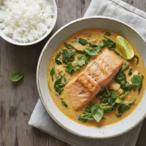 A large white bowl filled with creamy, light-orange coconut curry salmon, topped with fresh basil, cilantro, and a lime wedge, served next to a bowl of jasmine rice.