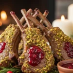 Three perfectly cooked cranberry lamb chops with a crunchy pistachio crust, fanned on a white plate with a drizzle of glossy cranberry glaze, next to roasted asparagus.
