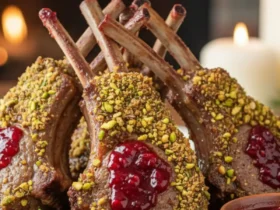 Three perfectly cooked cranberry lamb chops with a crunchy pistachio crust, fanned on a white plate with a drizzle of glossy cranberry glaze, next to roasted asparagus.