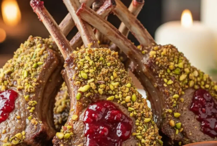 Three perfectly cooked cranberry lamb chops with a crunchy pistachio crust, fanned on a white plate with a drizzle of glossy cranberry glaze, next to roasted asparagus.