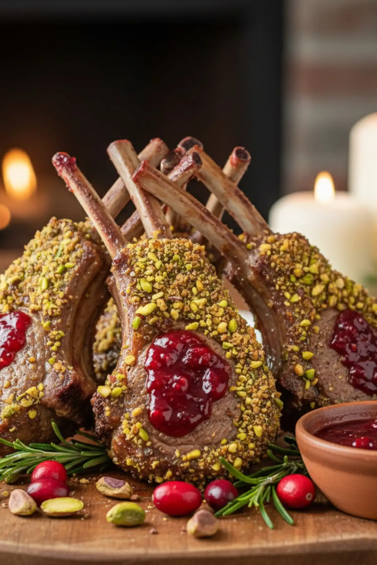 Three perfectly cooked cranberry lamb chops with a crunchy pistachio crust, fanned on a white plate with a drizzle of glossy cranberry glaze, next to roasted asparagus.