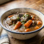 A warm bowl of tender slow cooker beef stew resting on a kitchen counter next to a wooden spoon.