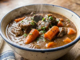 A warm bowl of tender slow cooker beef stew resting on a kitchen counter next to a wooden spoon.