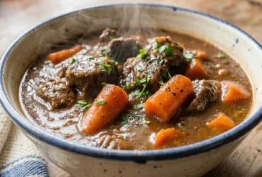 A warm bowl of tender slow cooker beef stew resting on a kitchen counter next to a wooden spoon.