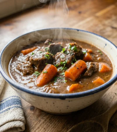 A warm bowl of tender slow cooker beef stew resting on a kitchen counter next to a wooden spoon.