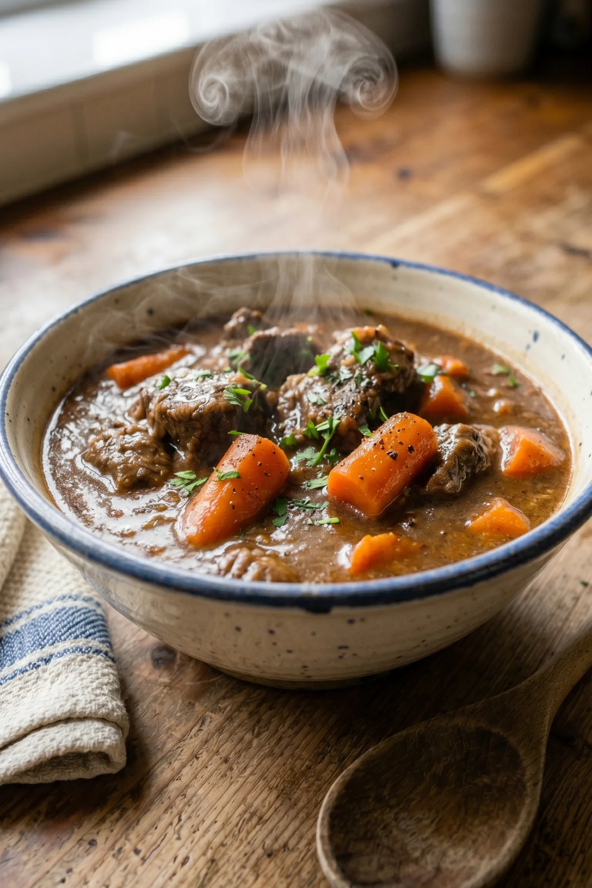 A warm bowl of tender slow cooker beef stew resting on a kitchen counter next to a wooden spoon.