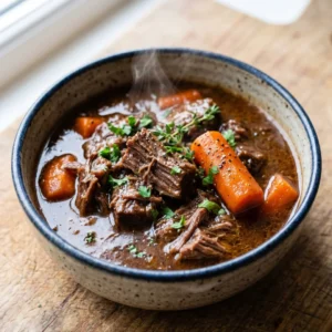 Close up overhead view of tender slow cooker beef stew showing thick gravy and soft vegetables.